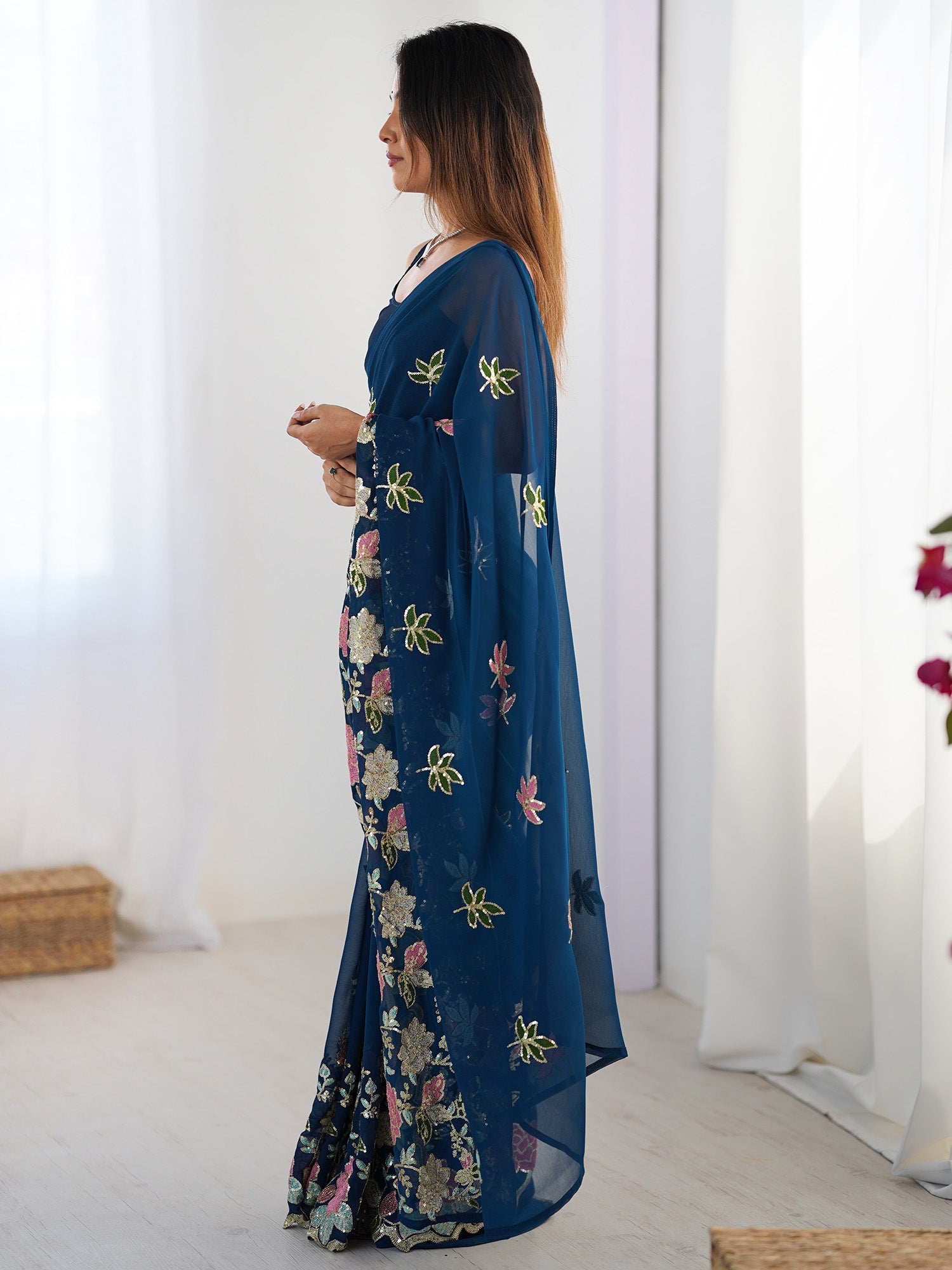 Teal Blue Georgette Embroidered Saree - Ressa