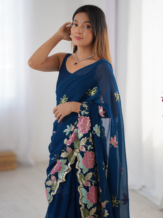 Teal Blue Georgette Embroidered Saree - Ressa