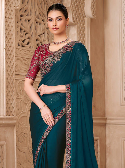 Teal Blue Georgette Party Wear Saree - Ressa