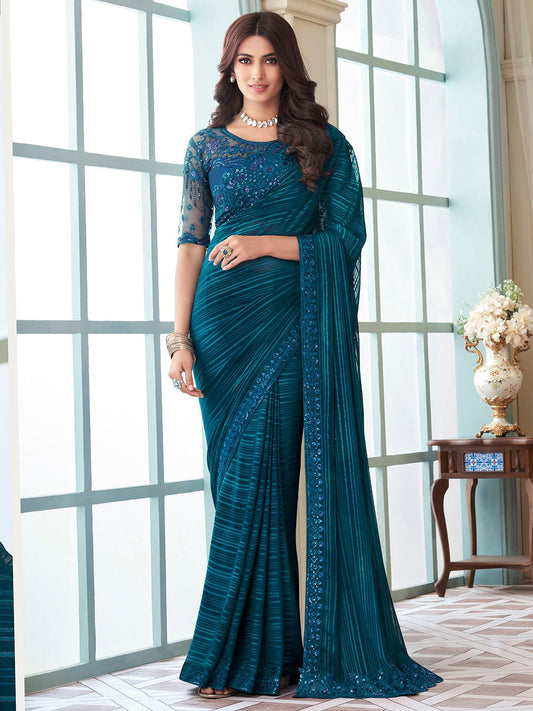 Teal Blue Georgette Party Wear Saree - Ressa