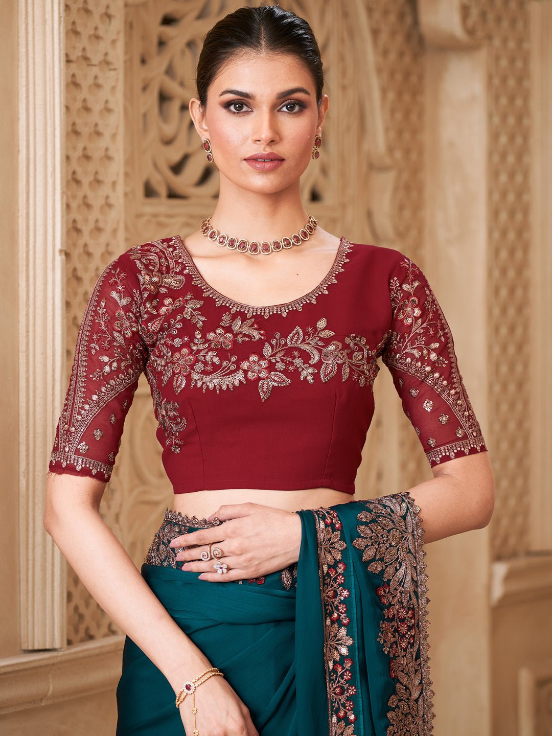 Teal Blue Georgette Party Wear Saree - Ressa