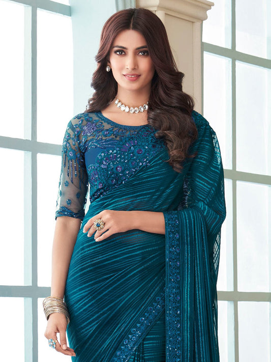Teal Blue Georgette Party Wear Saree - Ressa