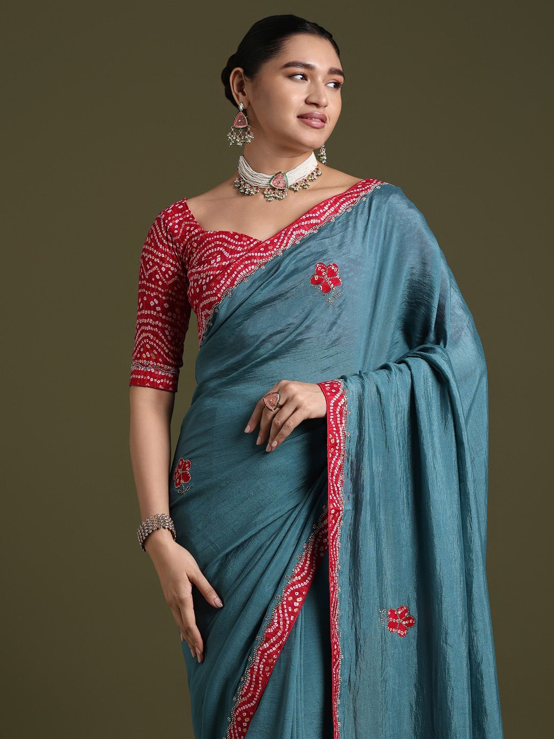 Teal Blue Georgette Saree with Bandhani Border - Ressa