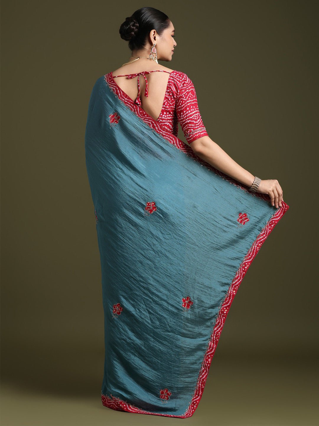 Teal Blue Georgette Saree with Bandhani Border - Ressa