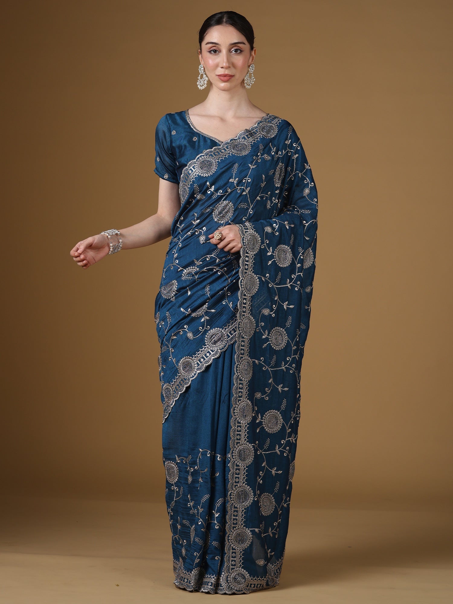 Teal Blue Georgette Saree with Scalloped Border - Ressa