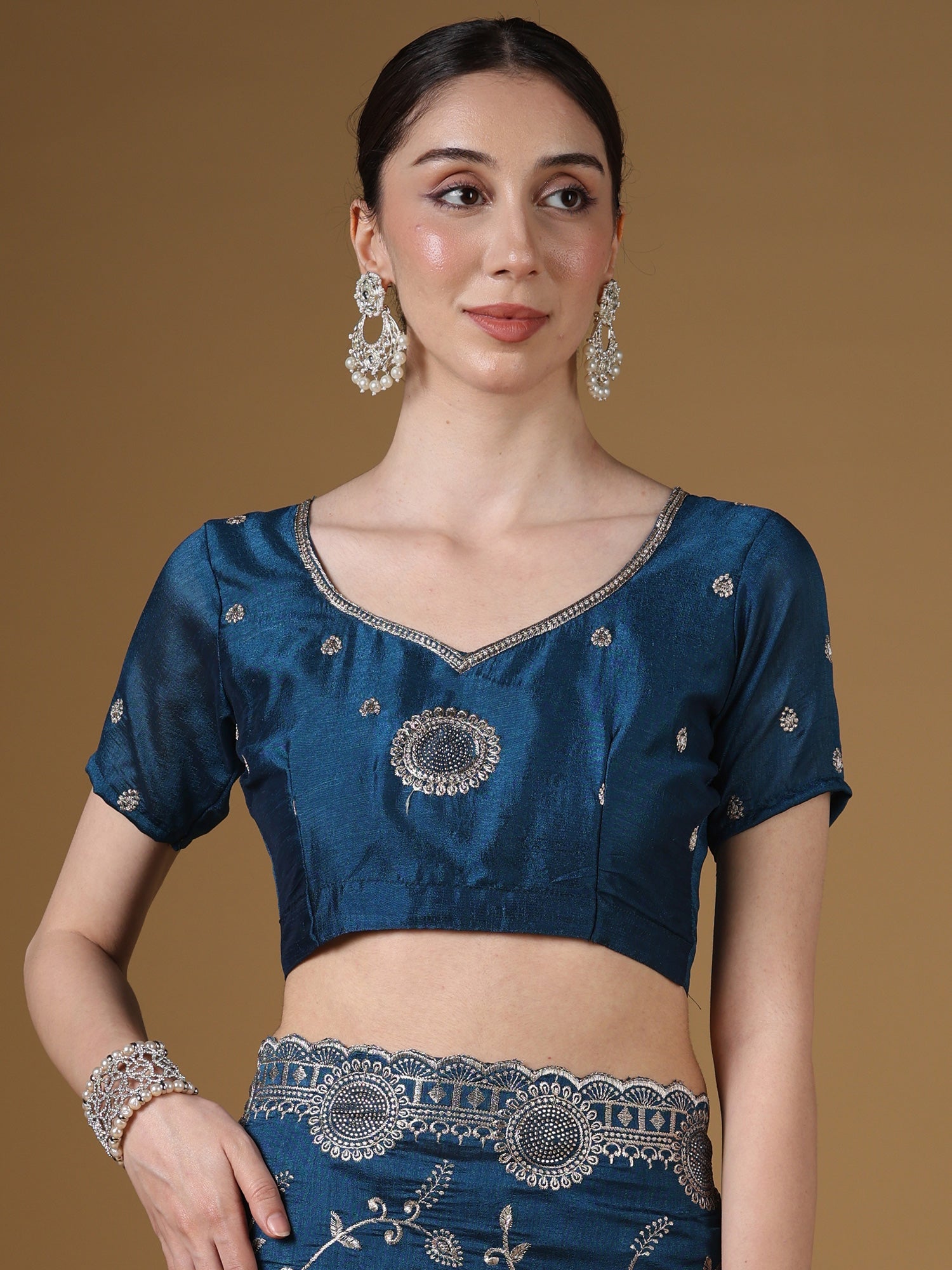 Teal Blue Georgette Saree with Scalloped Border - Ressa