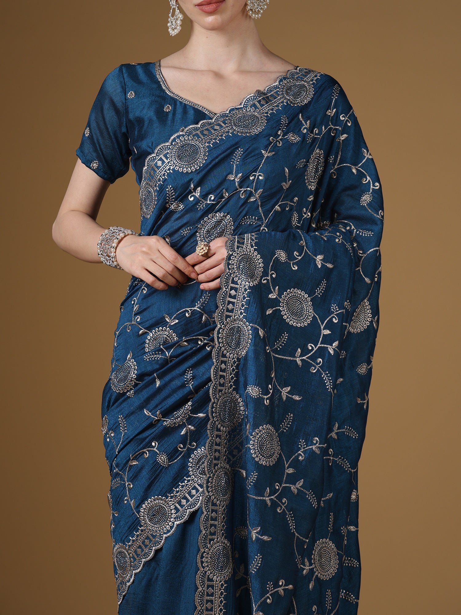 Teal Blue Georgette Saree with Scalloped Border - Ressa