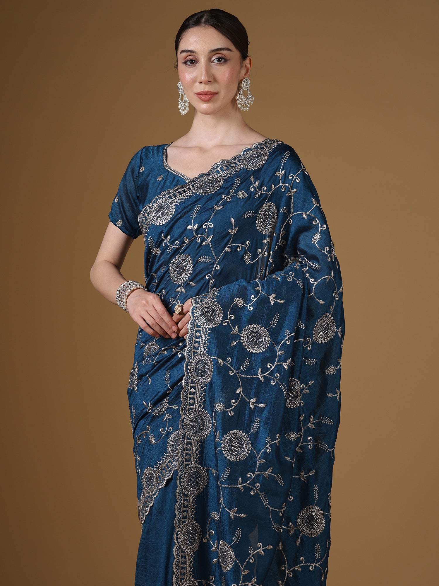 Teal Blue Georgette Saree with Scalloped Border - Ressa
