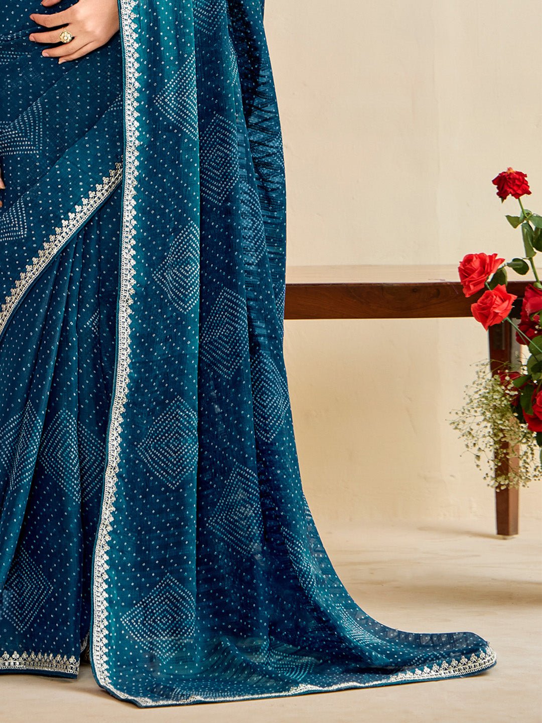 Teal Blue Georgette :Sequin Embroidery Mirror Work Border Blouse Saree - Ressa