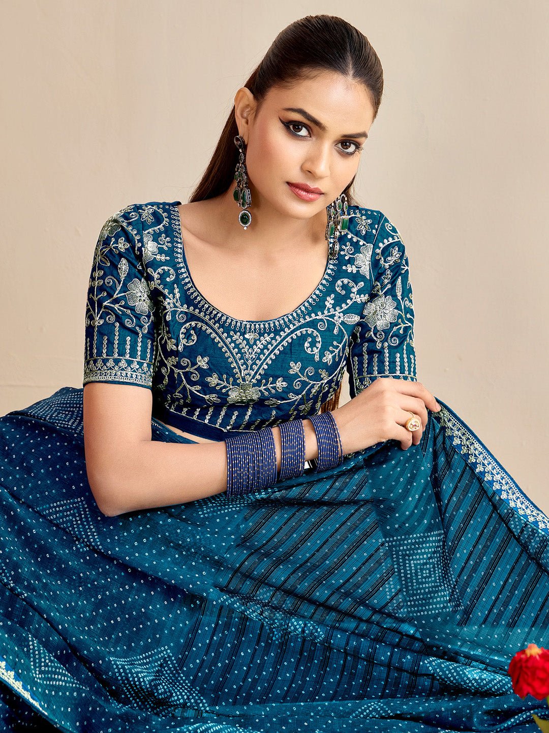 Teal Blue Georgette :Sequin Embroidery Mirror Work Border Blouse Saree - Ressa
