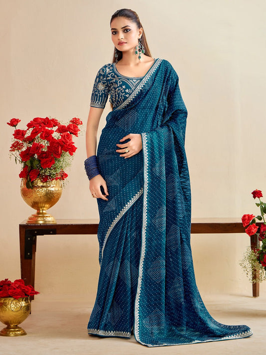 Teal Blue Georgette :Sequin Embroidery Mirror Work Border Blouse Saree - Ressa
