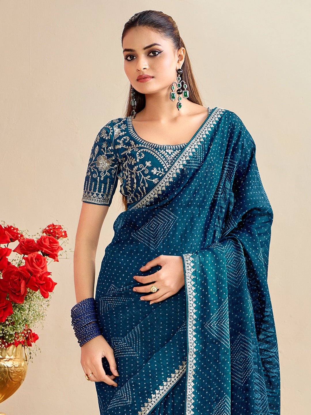 Teal Blue Georgette :Sequin Embroidery Mirror Work Border Blouse Saree - Ressa