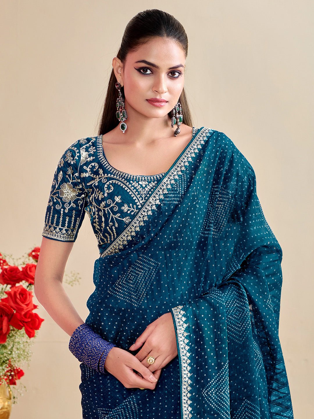Teal Blue Georgette :Sequin Embroidery Mirror Work Border Blouse Saree - Ressa