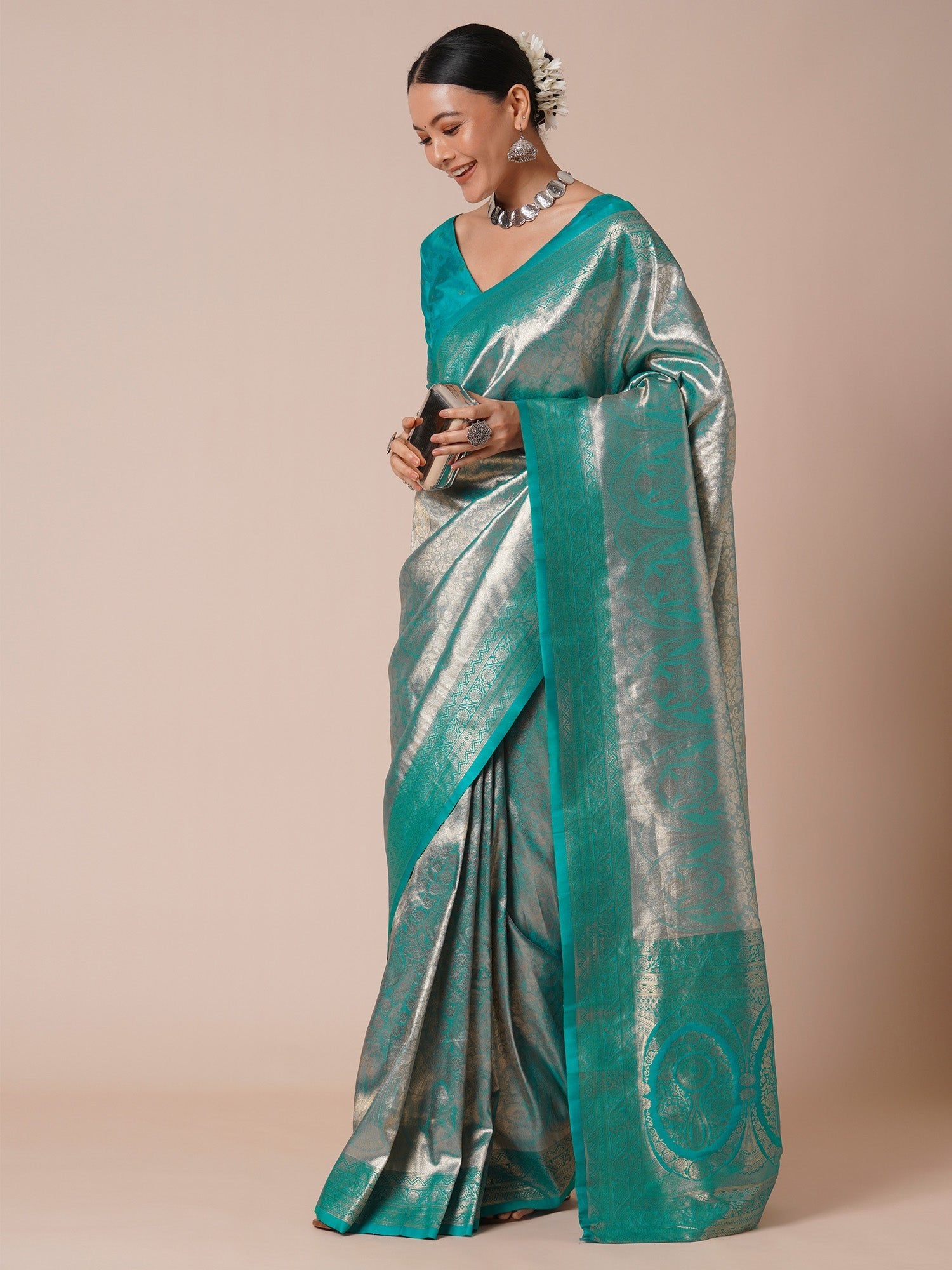 Teal Blue Jari Silk Kanjivaram Saree - Ressa
