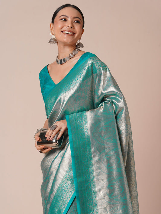 Teal Blue Jari Silk Kanjivaram Saree - Ressa