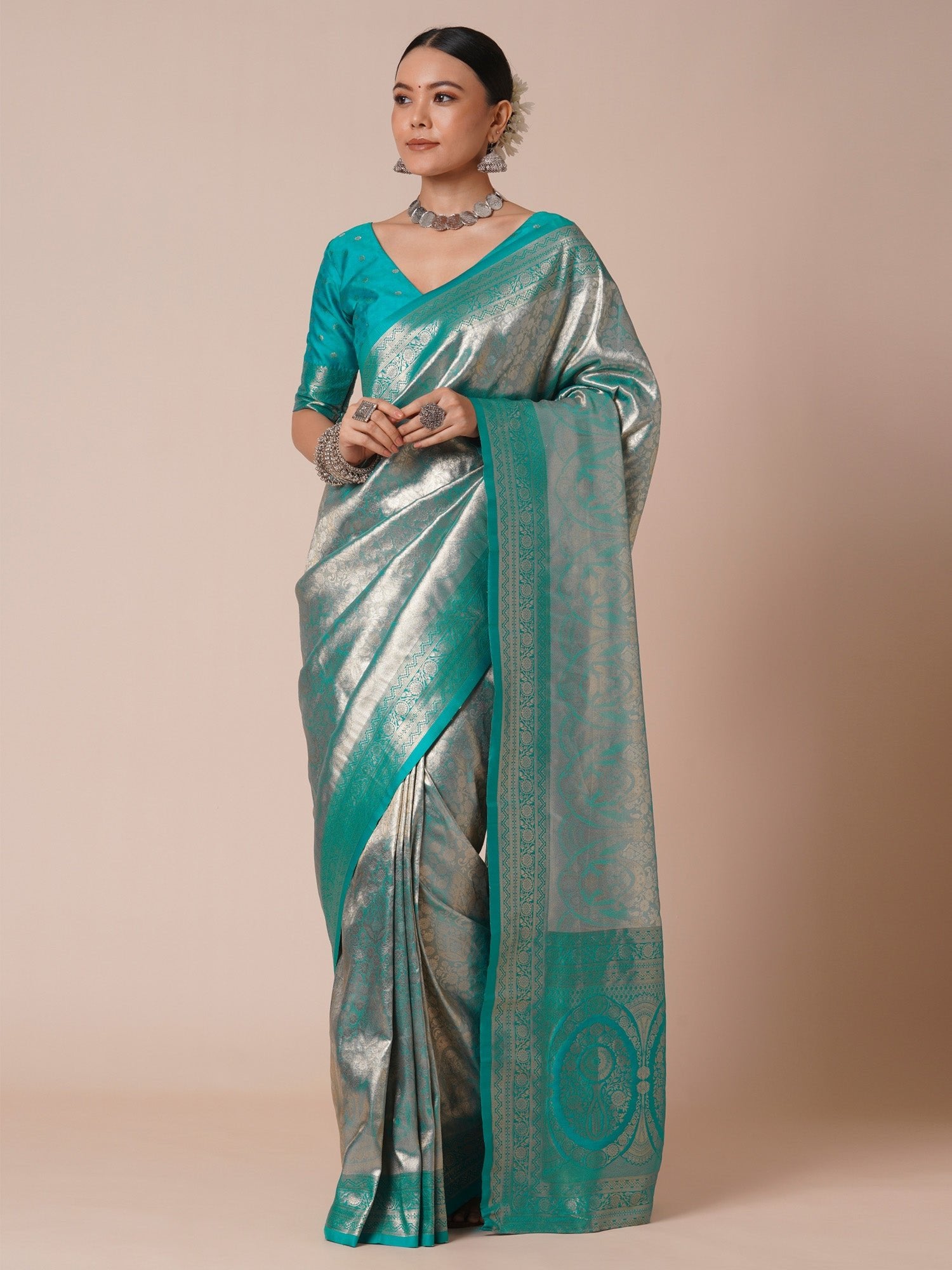 Teal Blue Jari Silk Kanjivaram Saree - Ressa