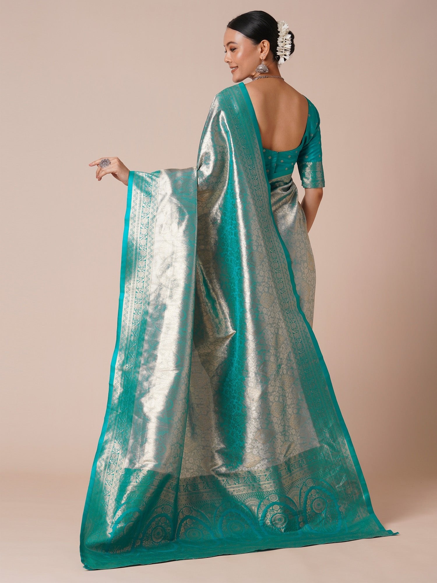 Teal Blue Jari Silk Kanjivaram Saree - Ressa