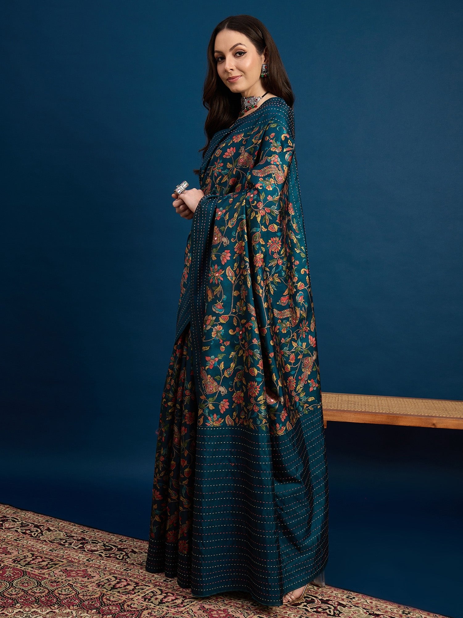 Teal Blue Kalamkari Print Zari Weaving Saree - Ressa