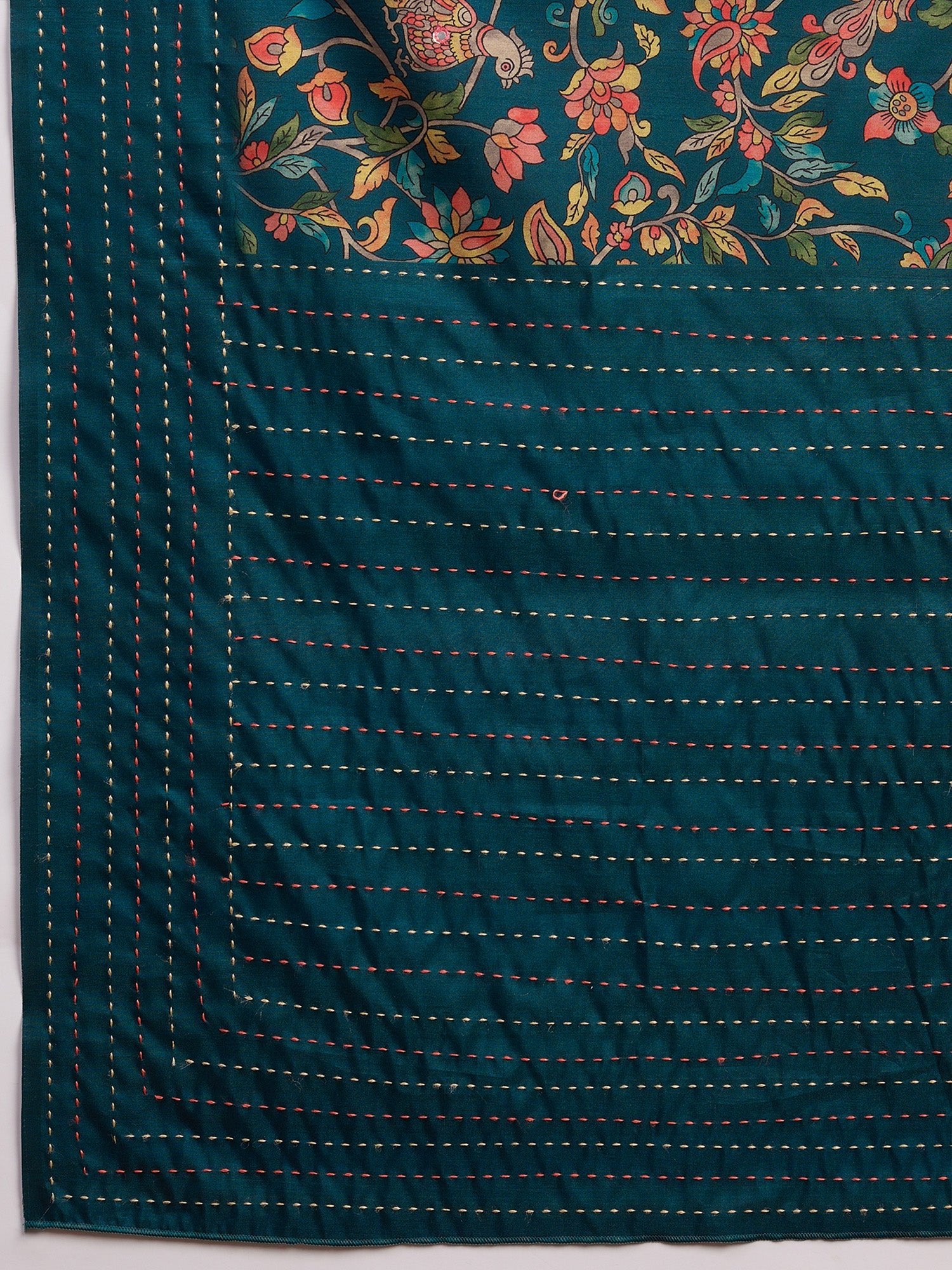 Teal Blue Kalamkari Print Zari Weaving Saree - Ressa