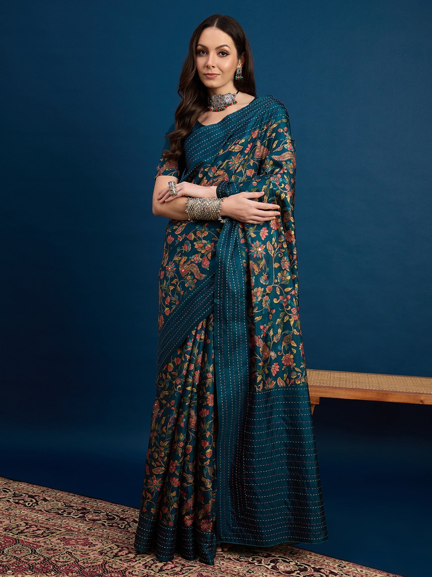 Teal Blue Kalamkari Print Zari Weaving Saree - Ressa