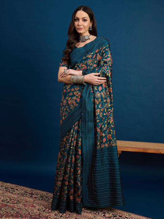Teal Blue Kalamkari Print Zari Weaving Saree - Ressa