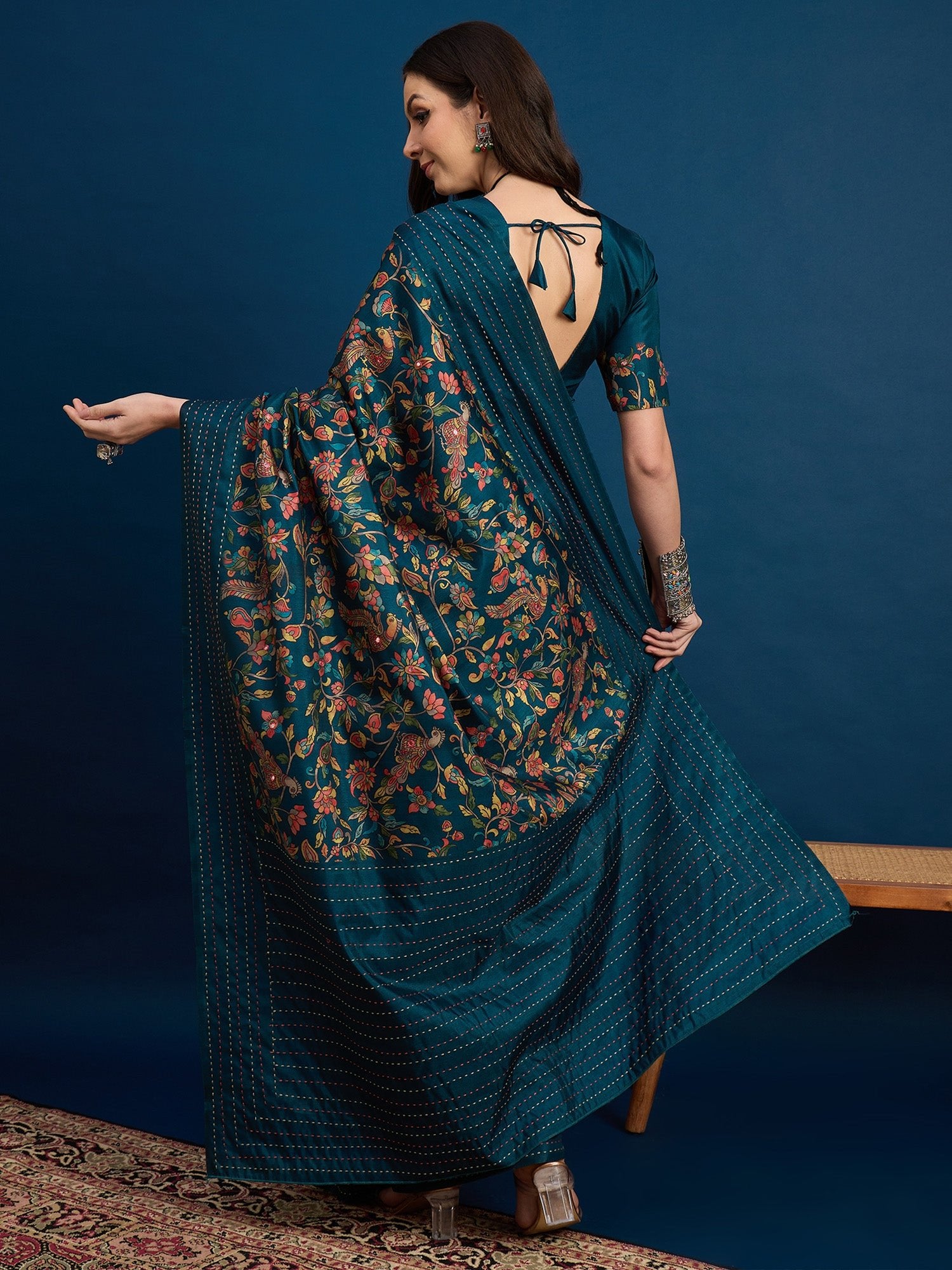 Teal Blue Kalamkari Print Zari Weaving Saree - Ressa