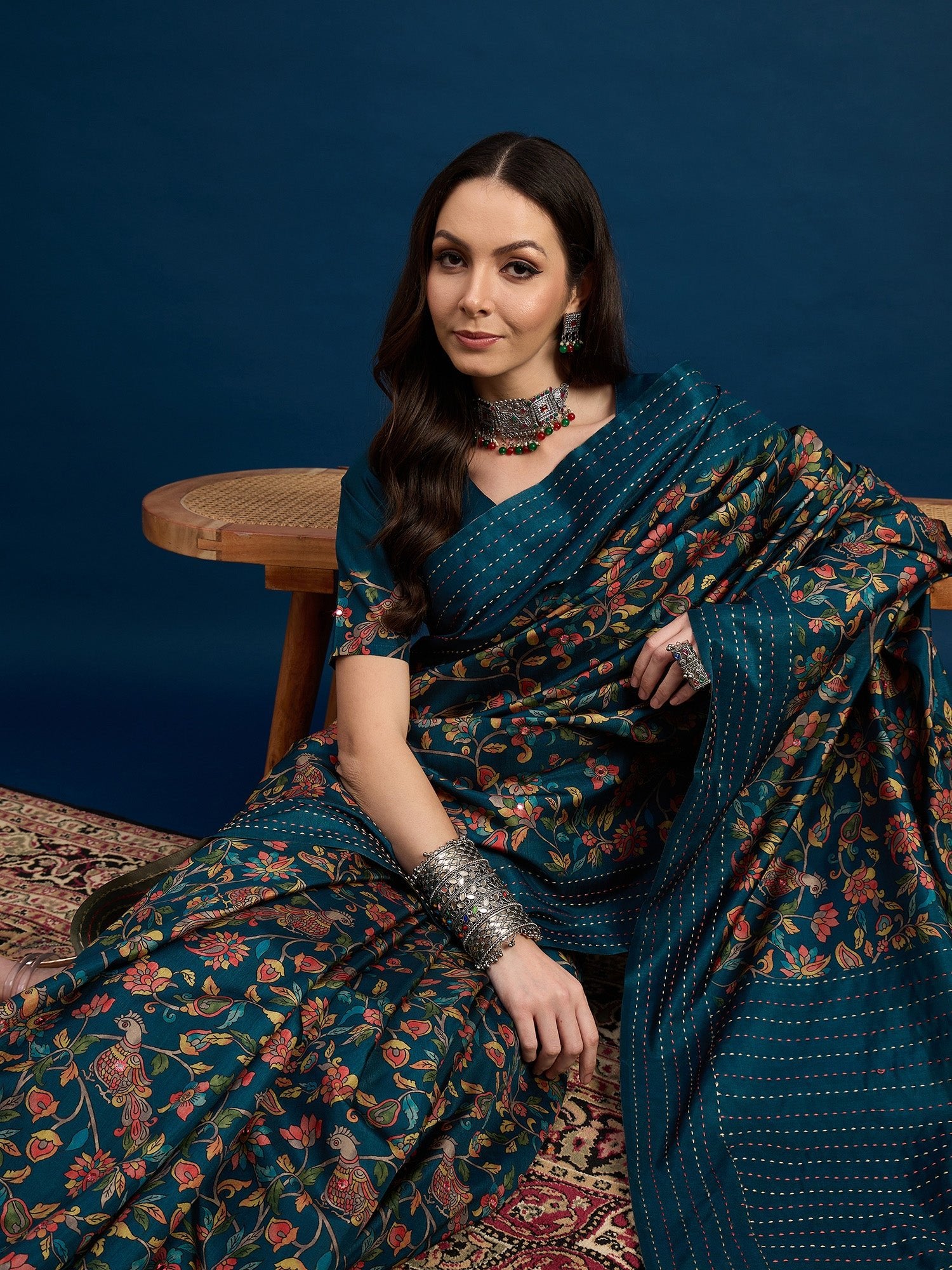 Teal Blue Kalamkari Print Zari Weaving Saree - Ressa