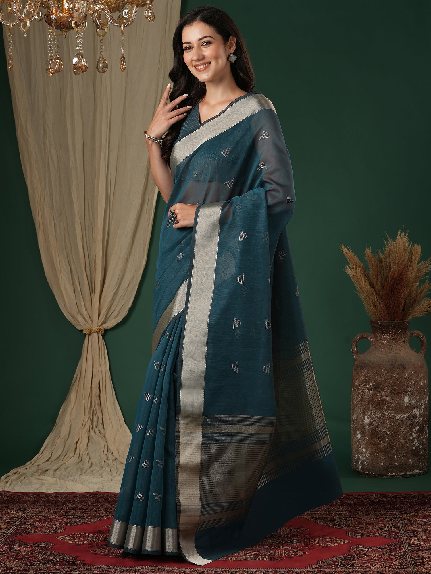 Teal Blue Linen Blend Saree - Ressa