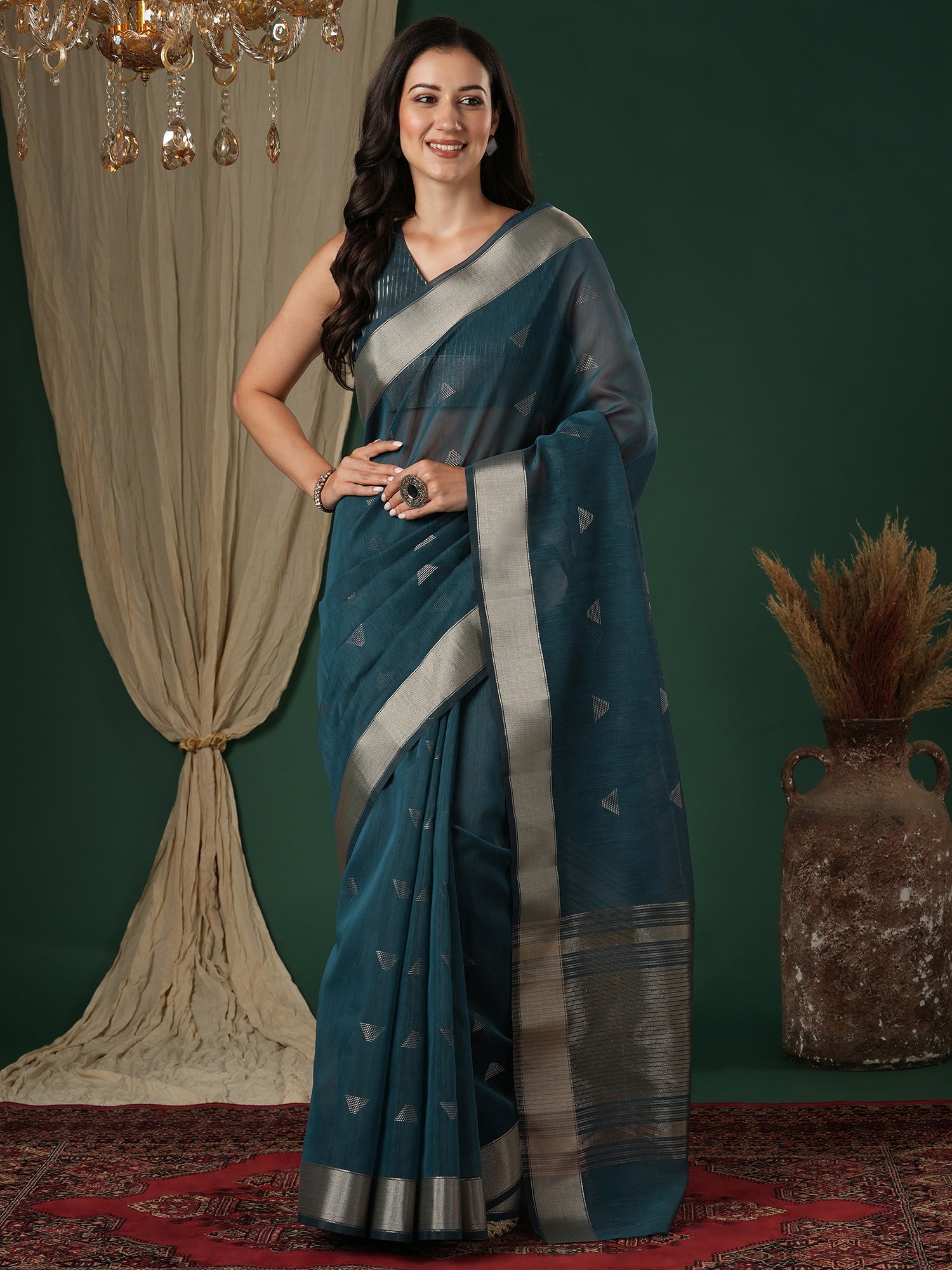 Teal Blue Linen Blend Saree - Ressa