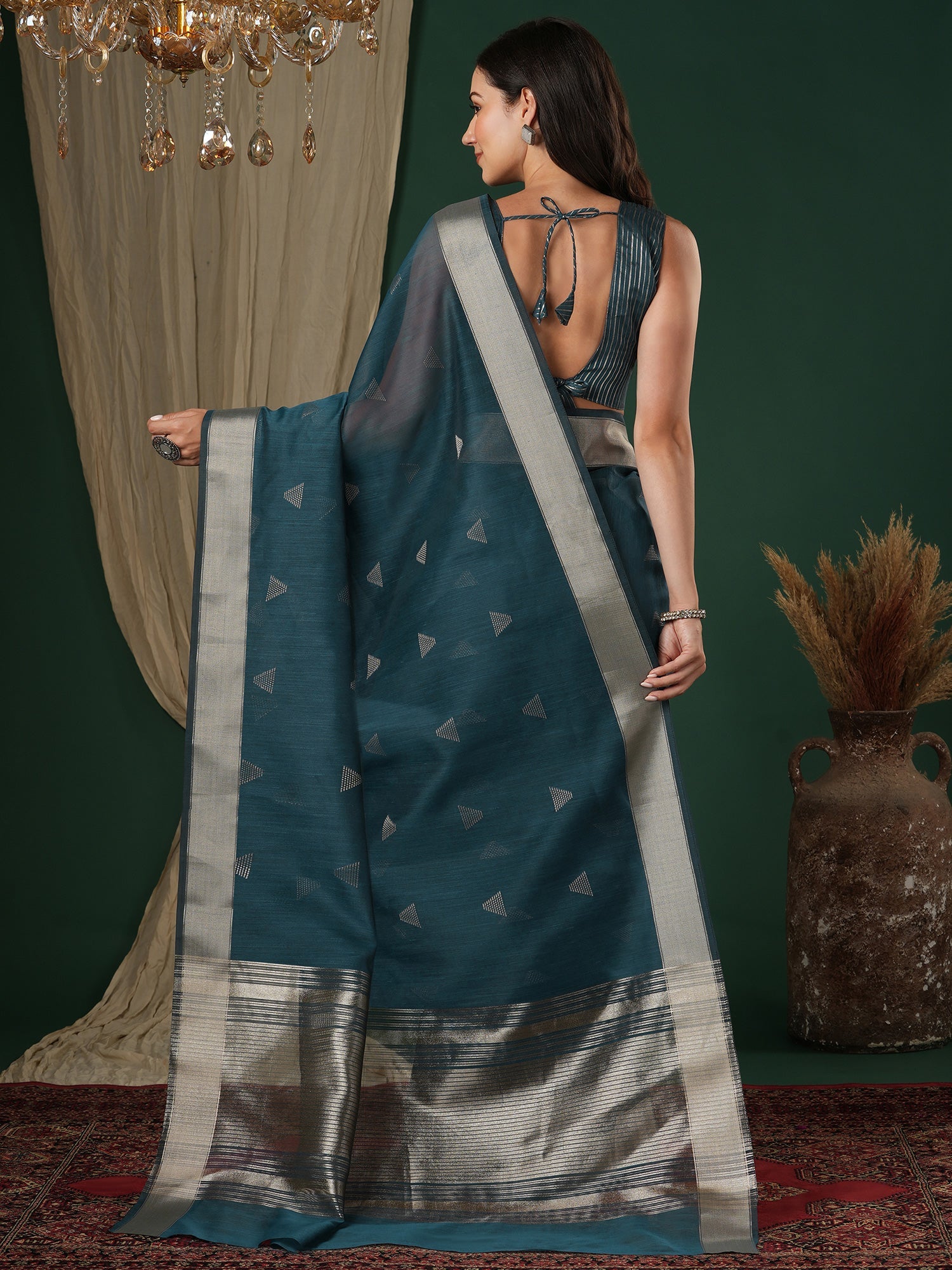 Teal Blue Linen Blend Saree - Ressa