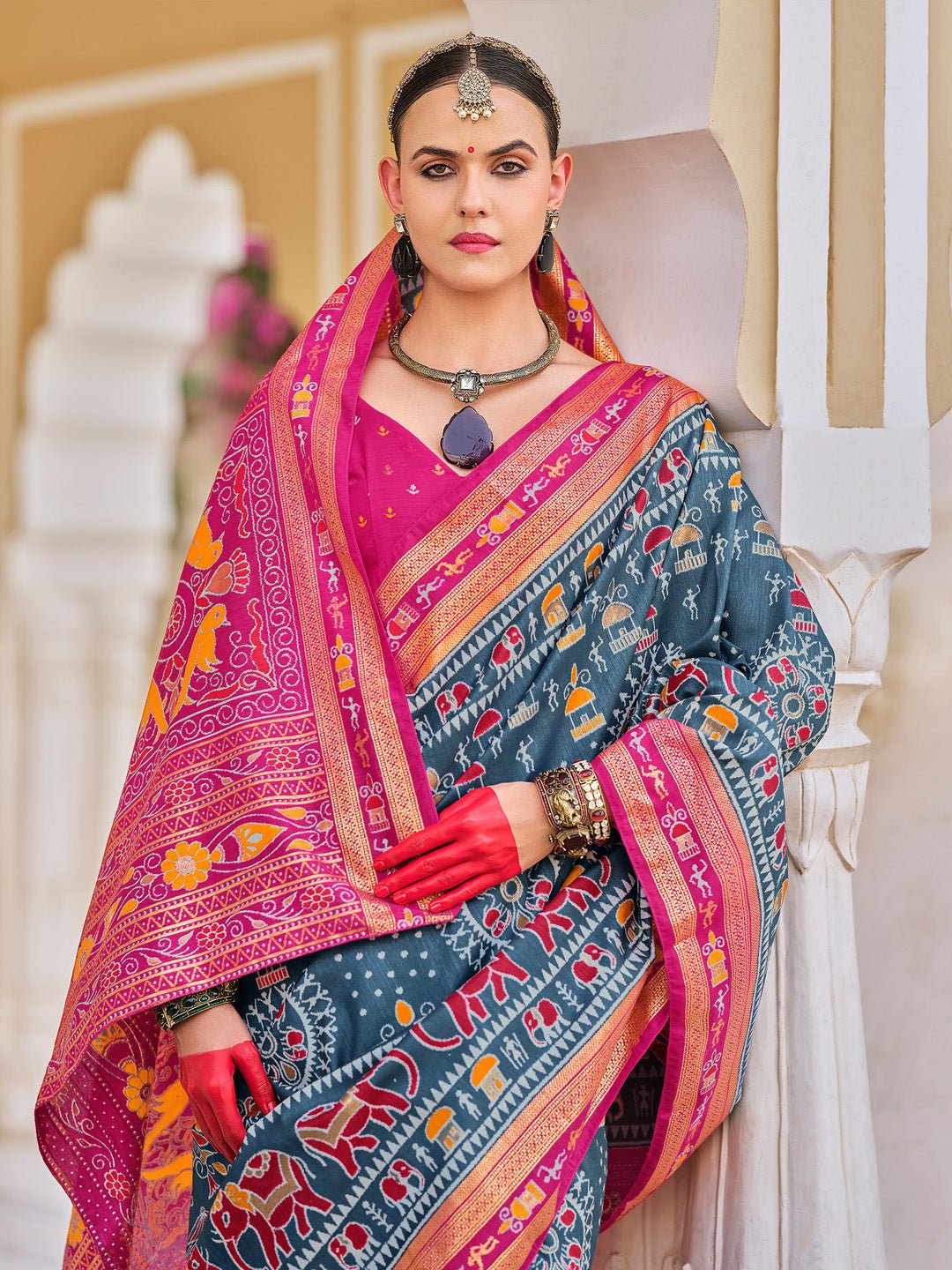 Teal Blue :Mustard Yellow Rani Pink Patola Silk Woven Motifs Blouse - Ressa