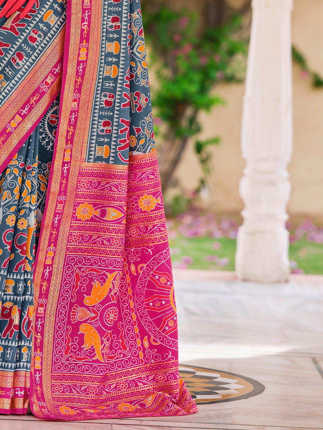 Teal Blue :Mustard Yellow Rani Pink Patola Silk Woven Motifs Blouse - Ressa