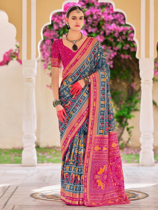 Teal Blue :Mustard Yellow Rani Pink Patola Silk Woven Motifs Blouse - Ressa