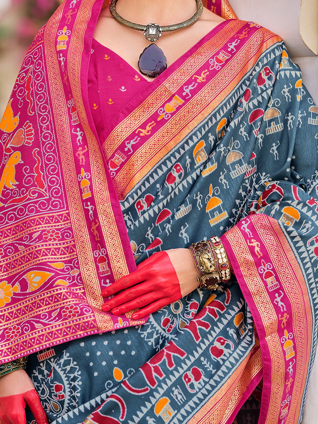 Teal Blue :Mustard Yellow Rani Pink Patola Silk Woven Motifs Blouse - Ressa
