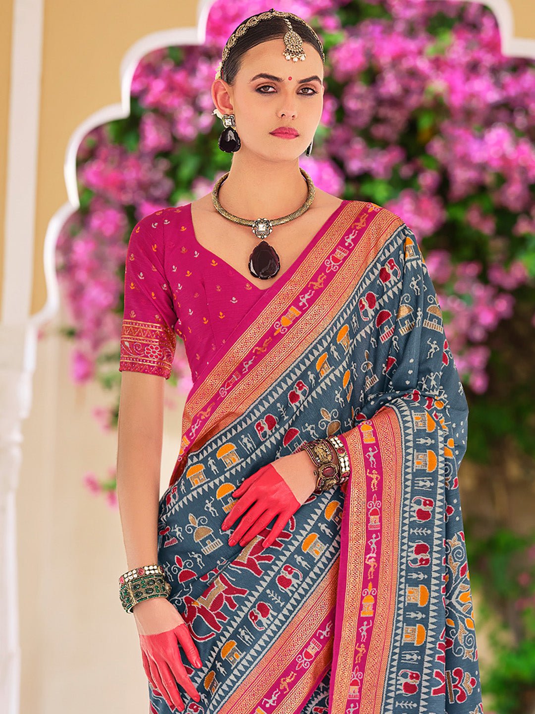 Teal Blue :Mustard Yellow Rani Pink Patola Silk Woven Motifs Blouse - Ressa