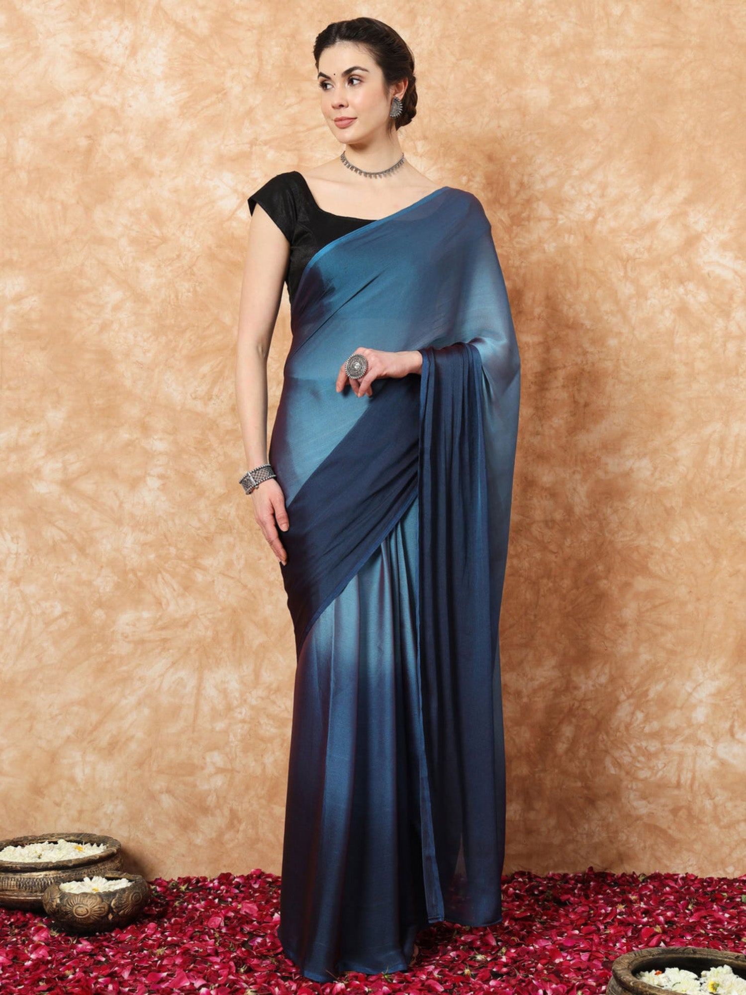 Teal Blue Nylon Party Wear Saree - Ressa
