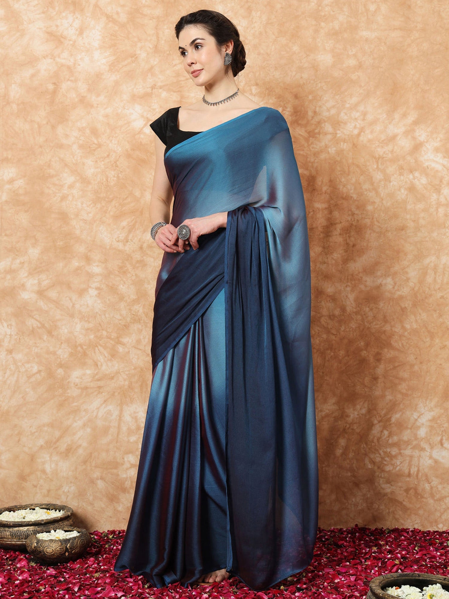 Teal Blue Nylon Party Wear Saree - Ressa