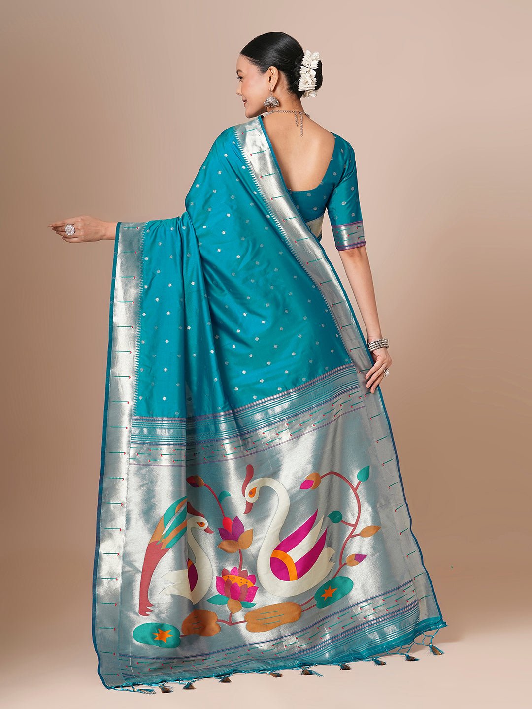 Teal Blue Paithani Silk Blend Silver Zari Woven Saree - Ressa