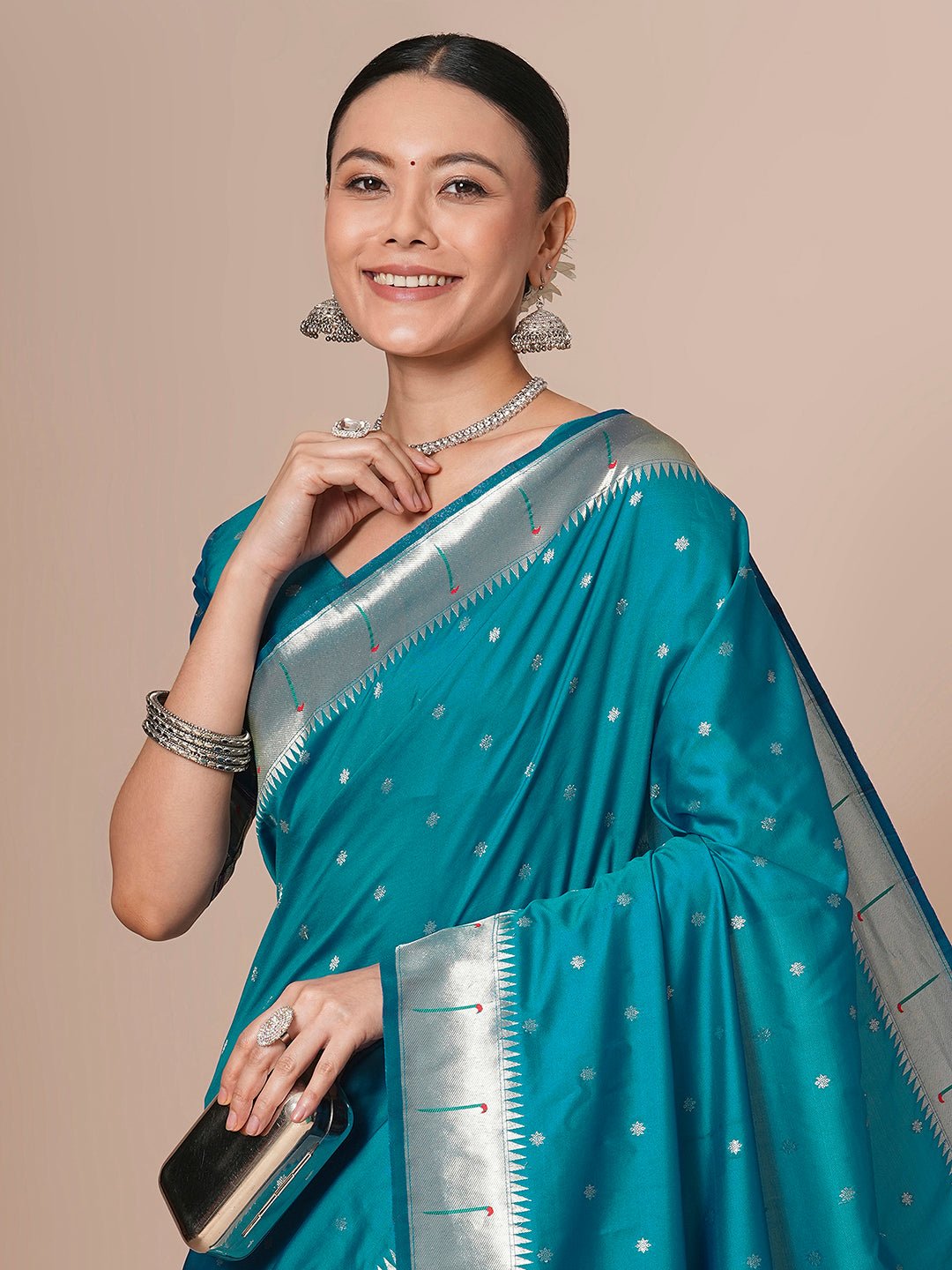 Teal Blue Paithani Silk Blend Silver Zari Woven Saree - Ressa