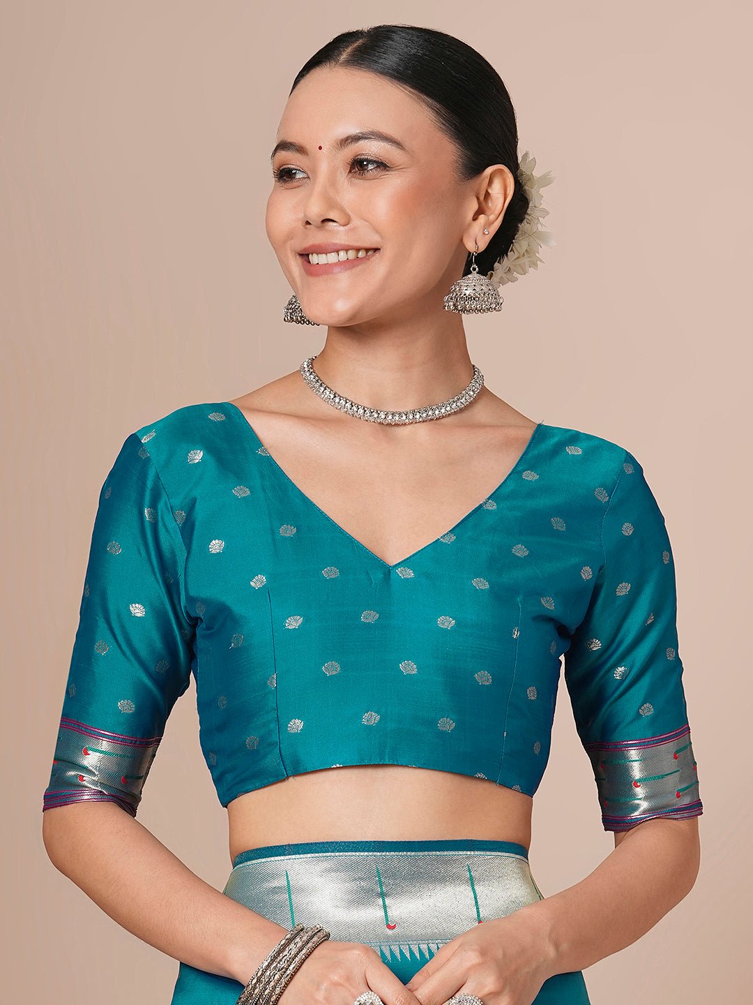 Teal Blue Paithani Silk Blend Silver Zari Woven Saree - Ressa