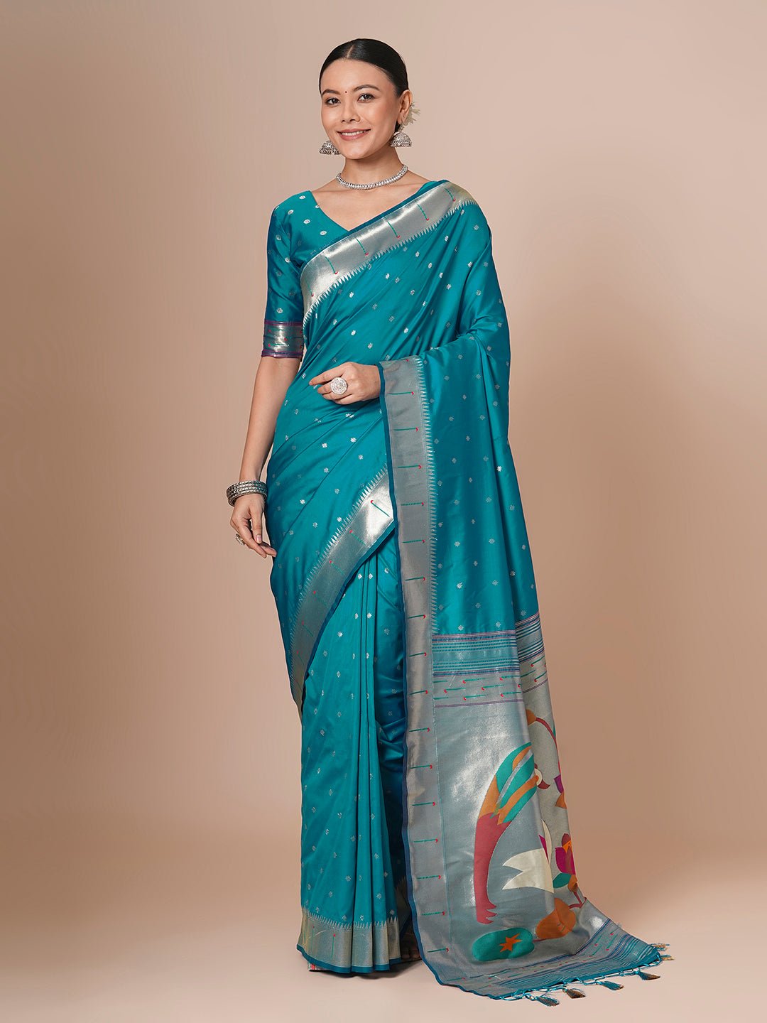 Teal Blue Paithani Silk Blend Silver Zari Woven Saree - Ressa