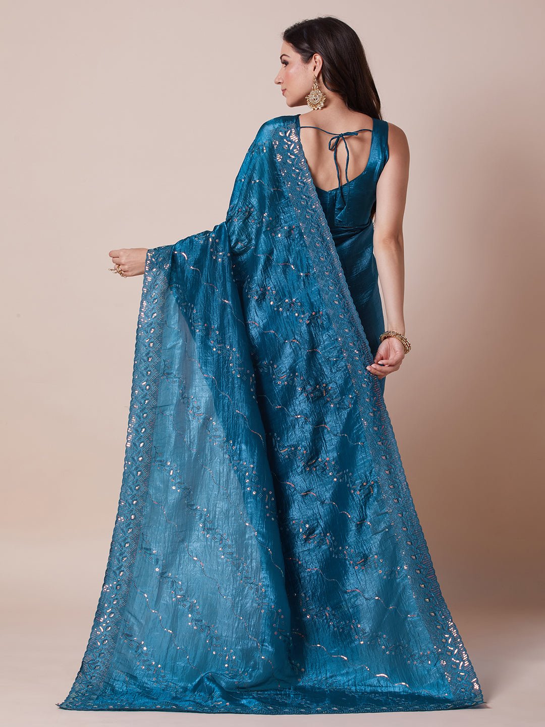 Teal Blue Paper Silk Sequin Embroidered Saree - Ressa