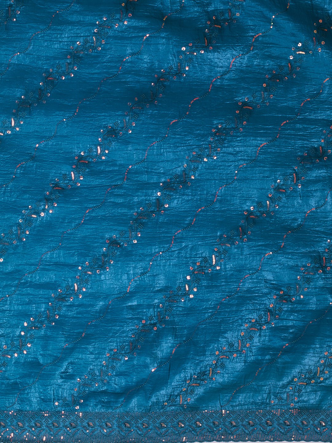Teal Blue Paper Silk Sequin Embroidered Saree - Ressa