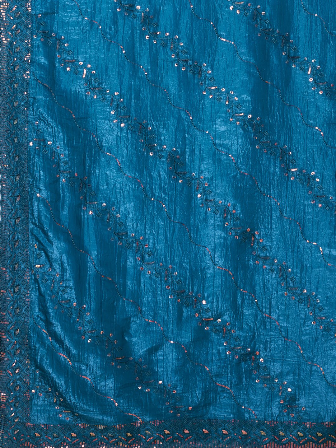 Teal Blue Paper Silk Sequin Embroidered Saree - Ressa