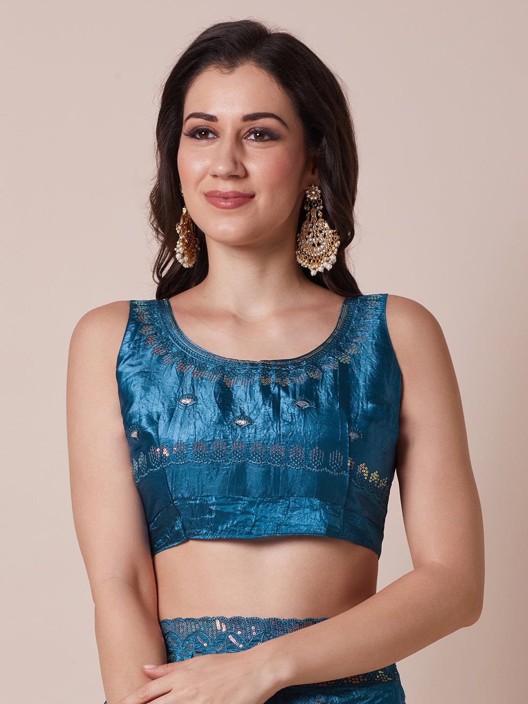 Teal Blue Paper Silk Sequin Embroidered Saree - Ressa