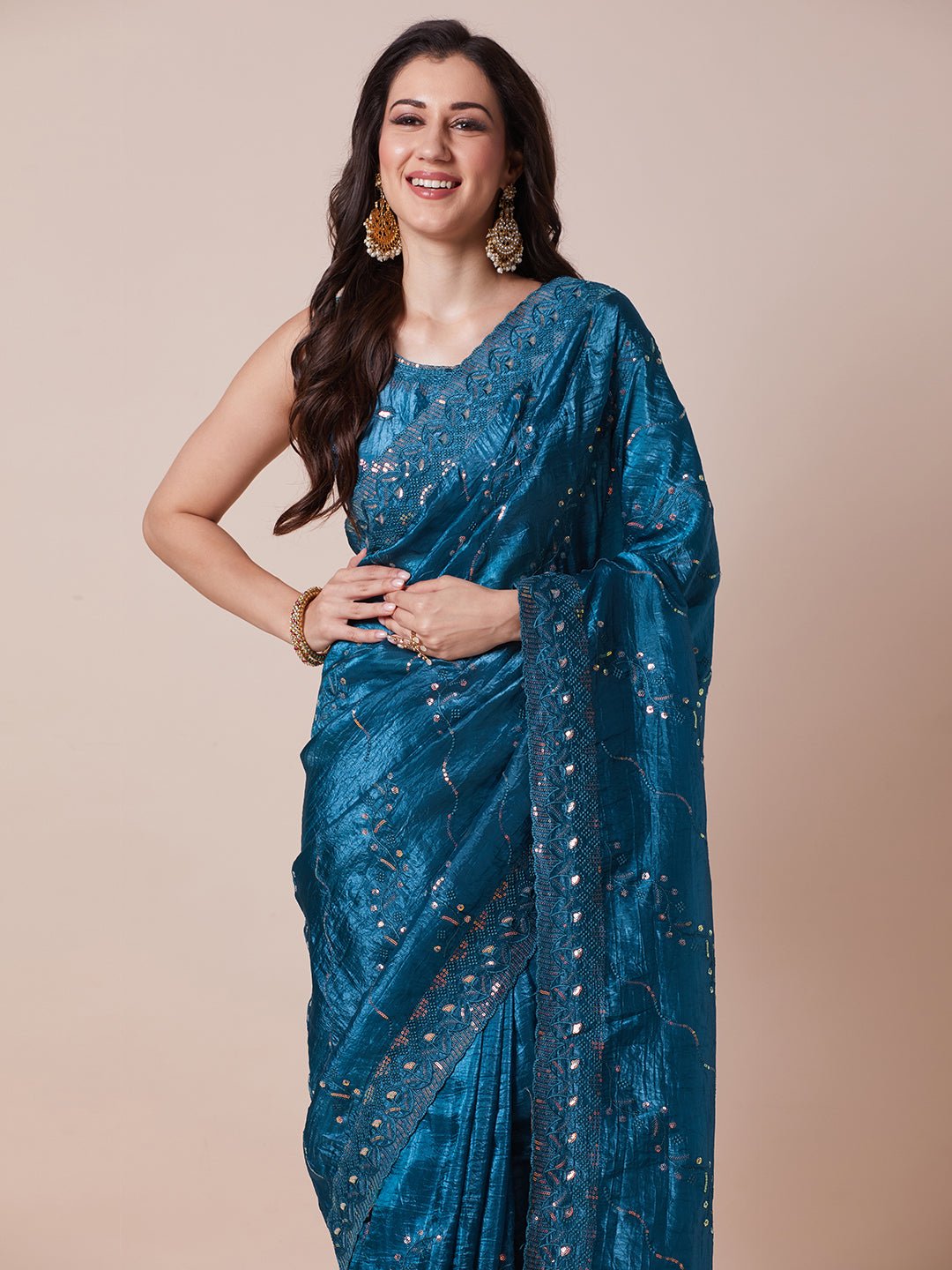 Teal Blue Paper Silk Sequin Embroidered Saree - Ressa