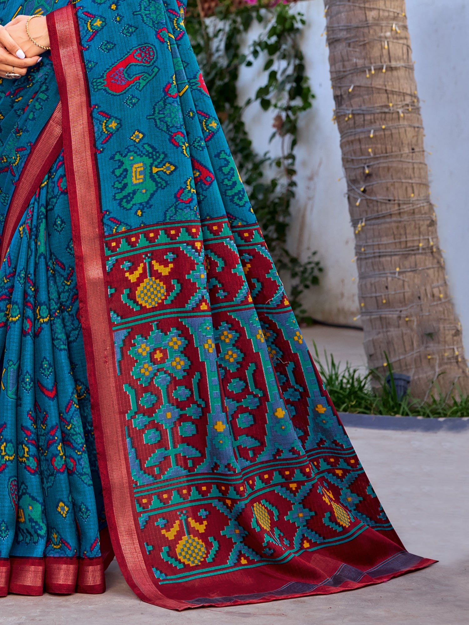 Teal Blue Patola Printed Cotton Saree - Ressa