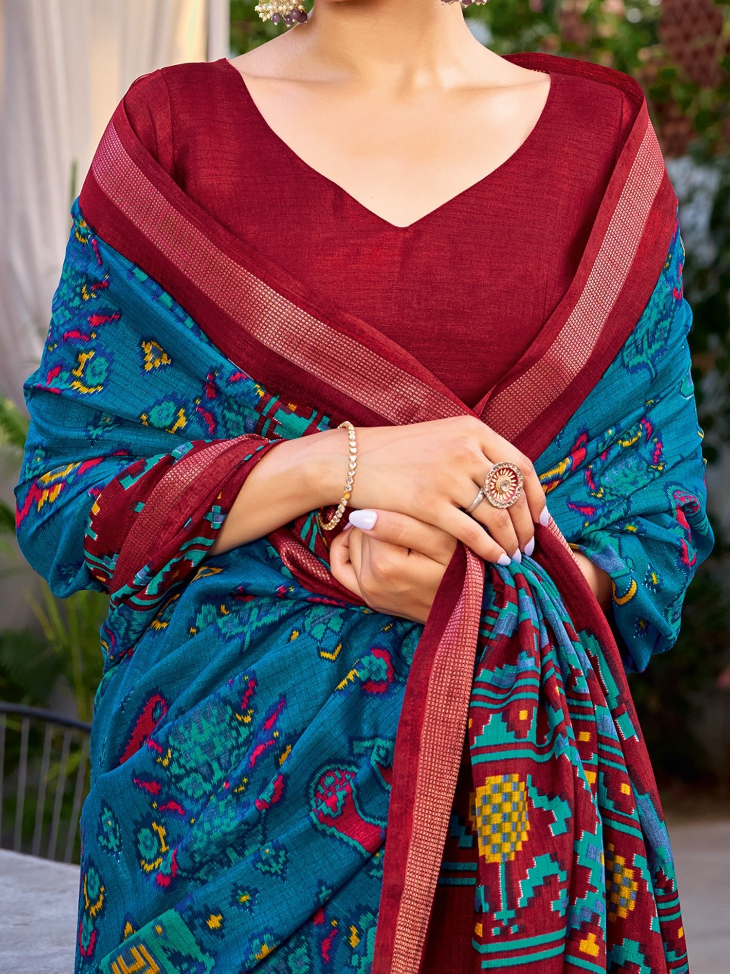 Teal Blue Patola Printed Cotton Saree - Ressa