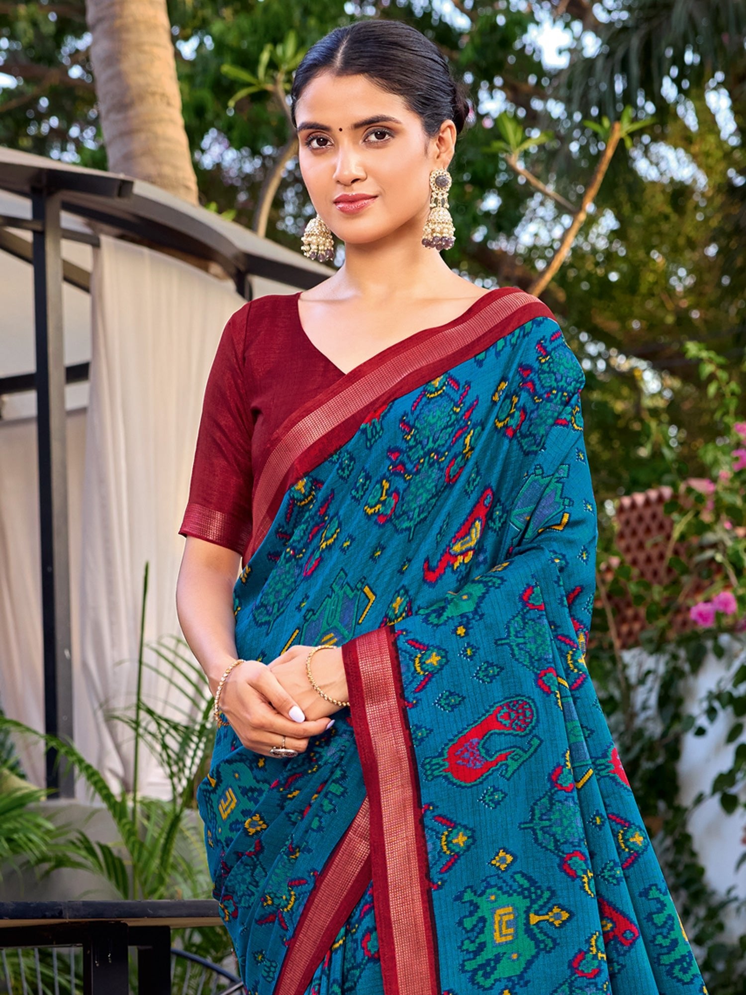 Teal Blue Patola Printed Cotton Saree - Ressa