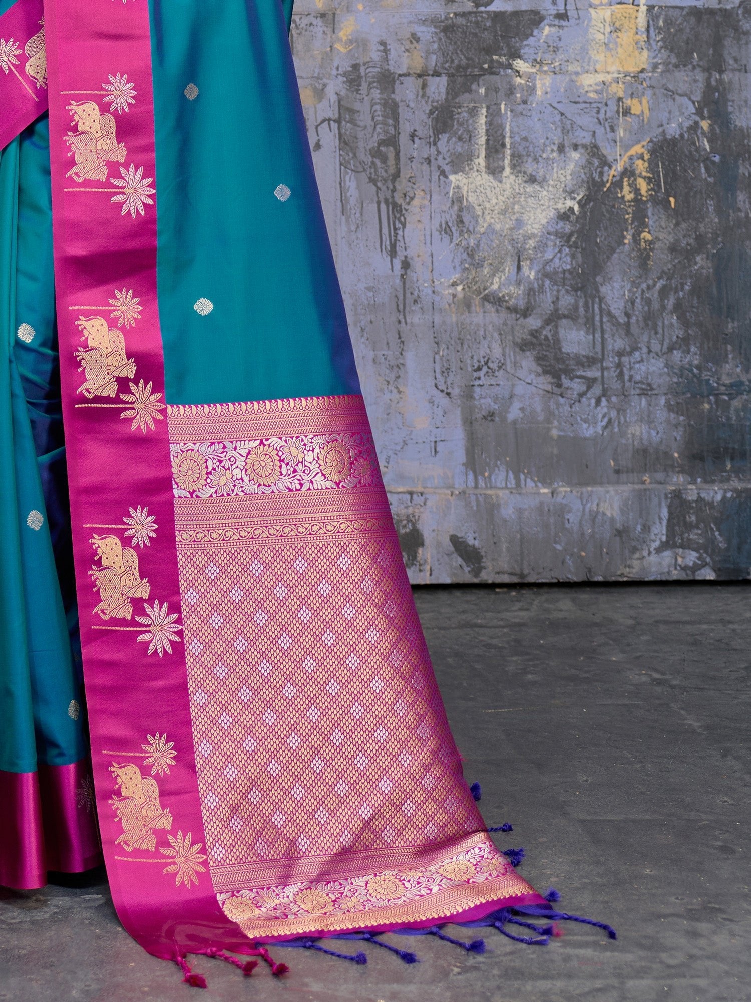 Teal Blue & Pink Banarasi Silk Blend Saree - Ressa